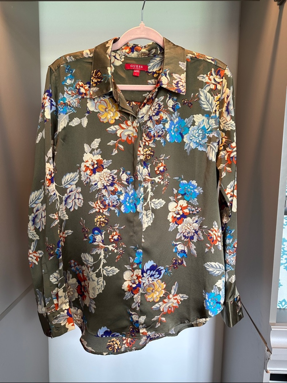 GUESS Olive green Floral Button-Up Blouse with Blue, Yellow & Cream Details